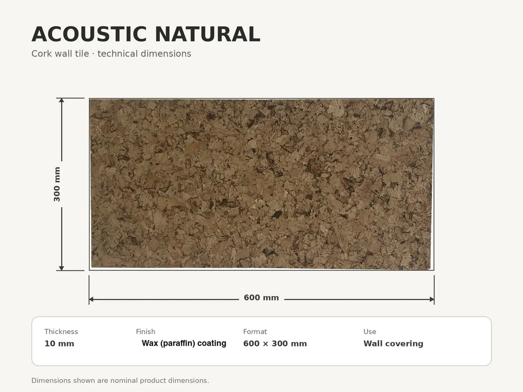 Technical dimensions for Acoustic Natural cork acoustic wall tile: 600 × 300 × 10 mm