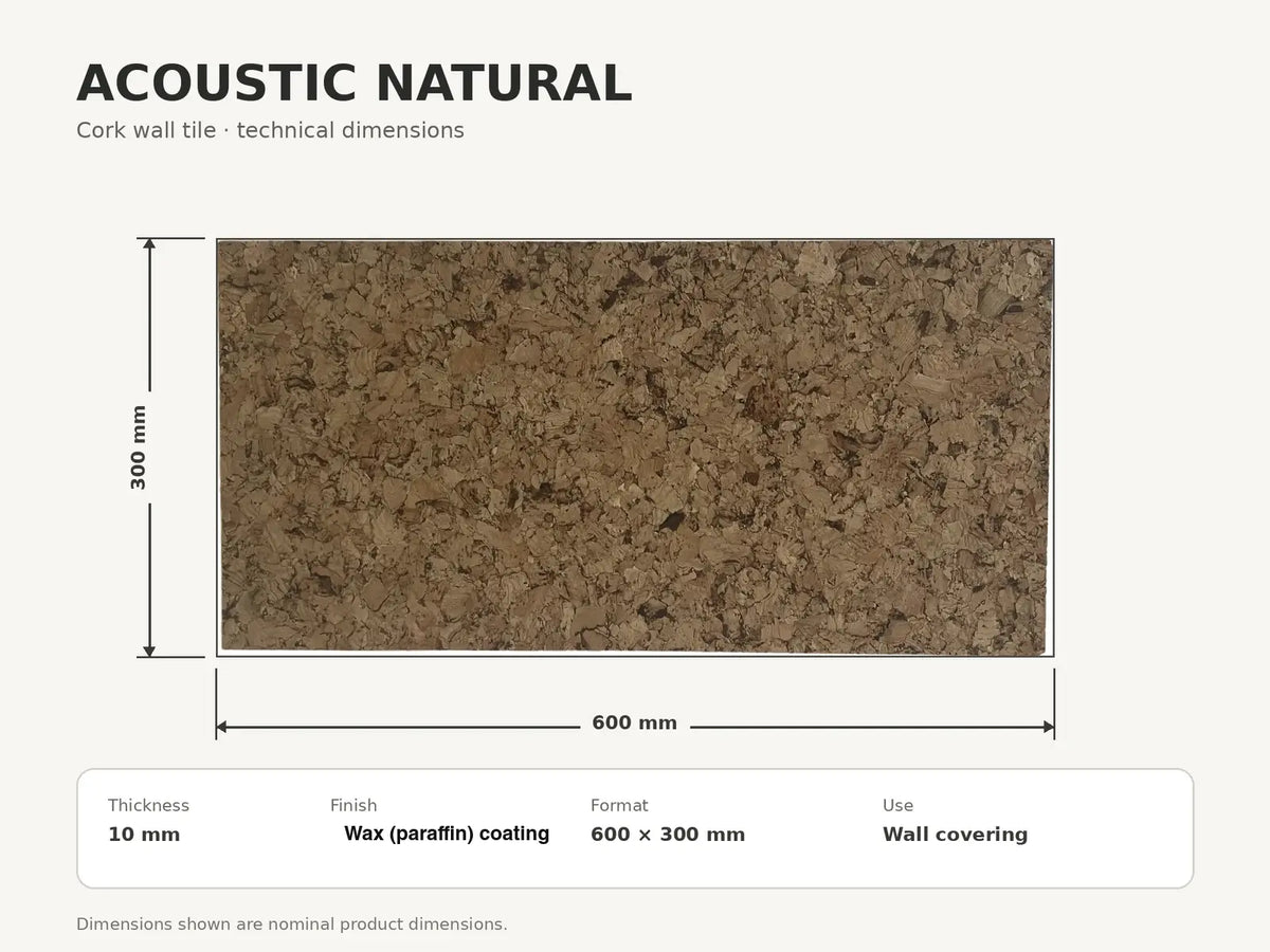 Technical dimensions for Acoustic Natural cork acoustic wall tile: 600 × 300 × 10 mm