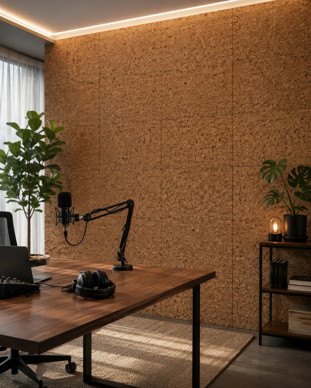 Acoustic Natural cork acoustic wall tile shown in a conceptual residential home studio visualization