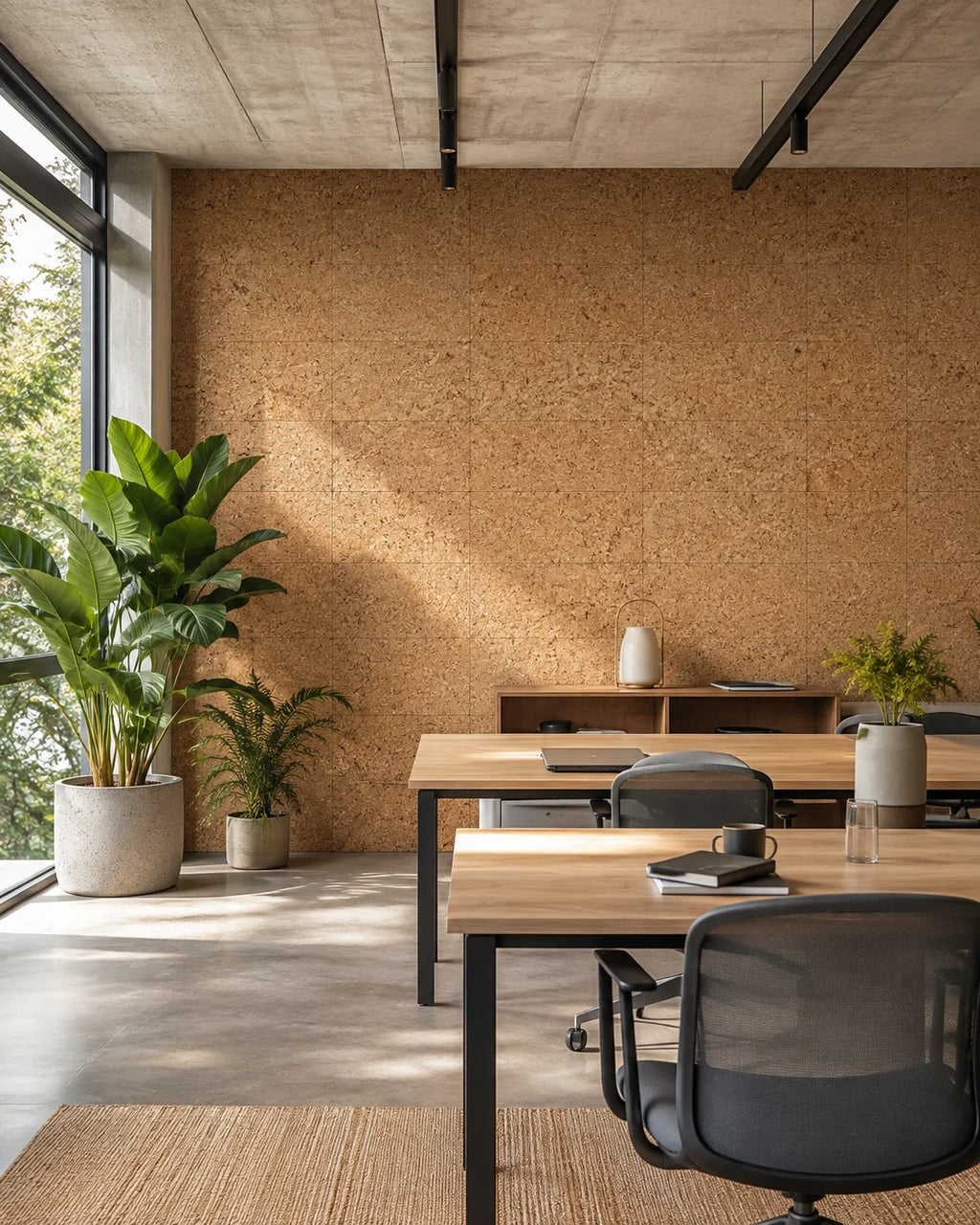 Acoustic Natural cork acoustic wall tile shown in a conceptual commercial office visualization