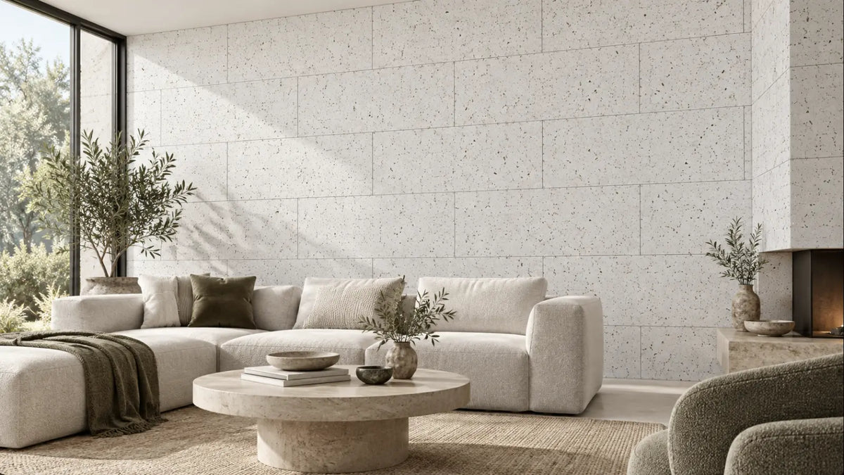 Acoustic White cork acoustic wall tile shown in a conceptual architectural interior visualization