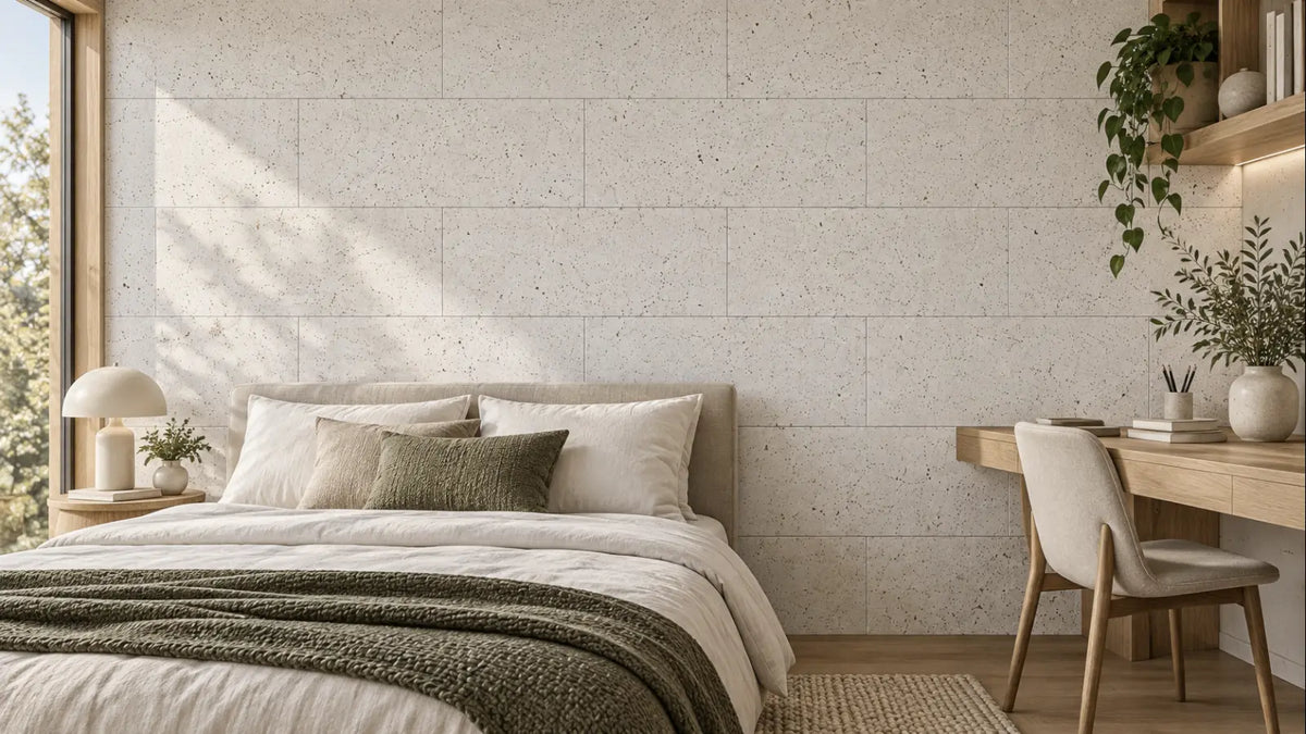 Acoustic White cork acoustic wall tile shown in a conceptual residential bedroom visualization