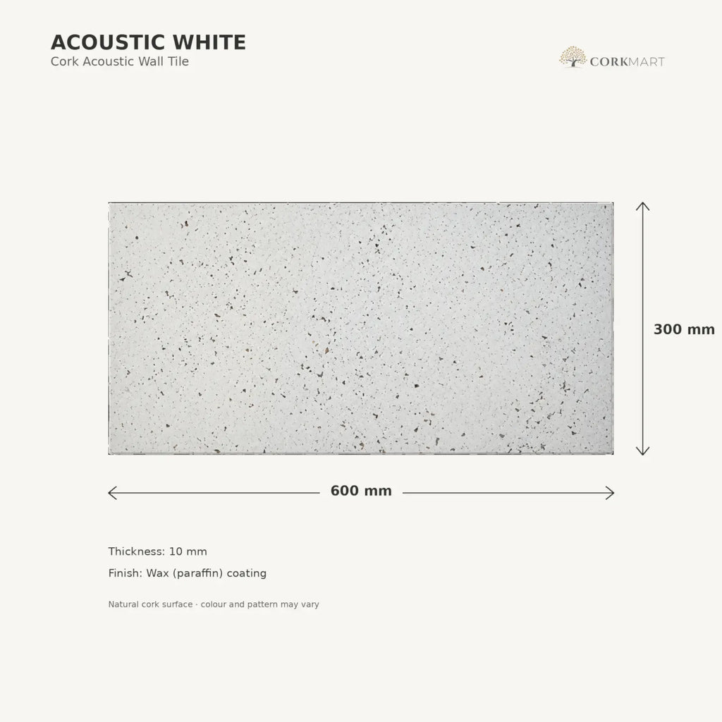 Acoustic White cork acoustic wall tile dimensions, 600 × 300 × 10 mm; 300 × 300 mm format also available