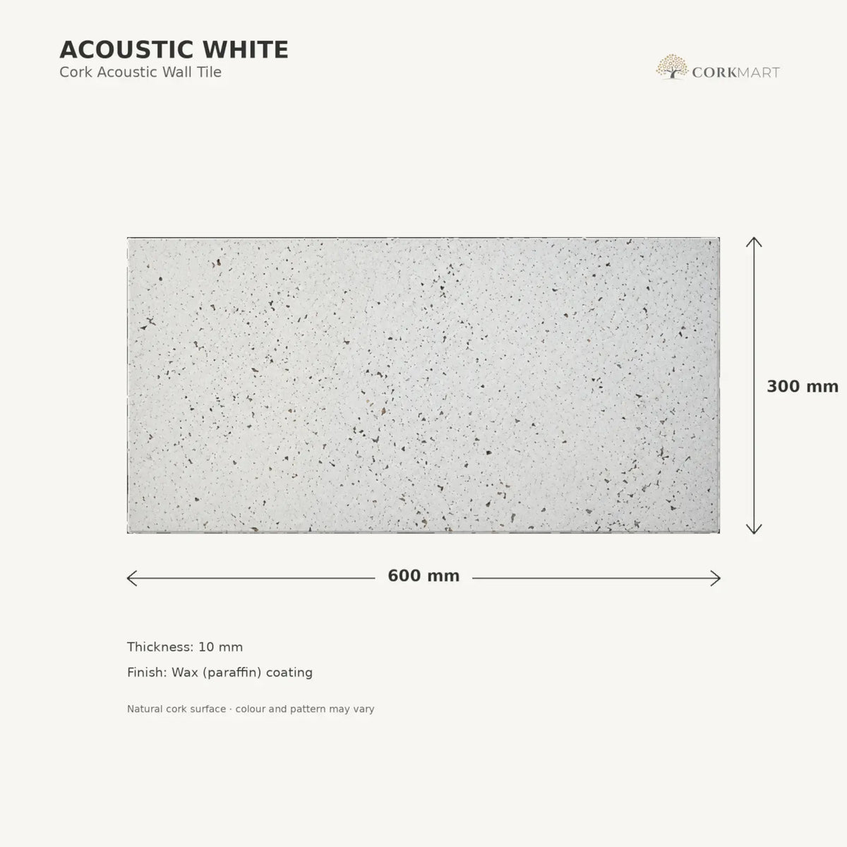Acoustic White cork acoustic wall tile dimensions, 600 × 300 × 10 mm; 300 × 300 mm format also available