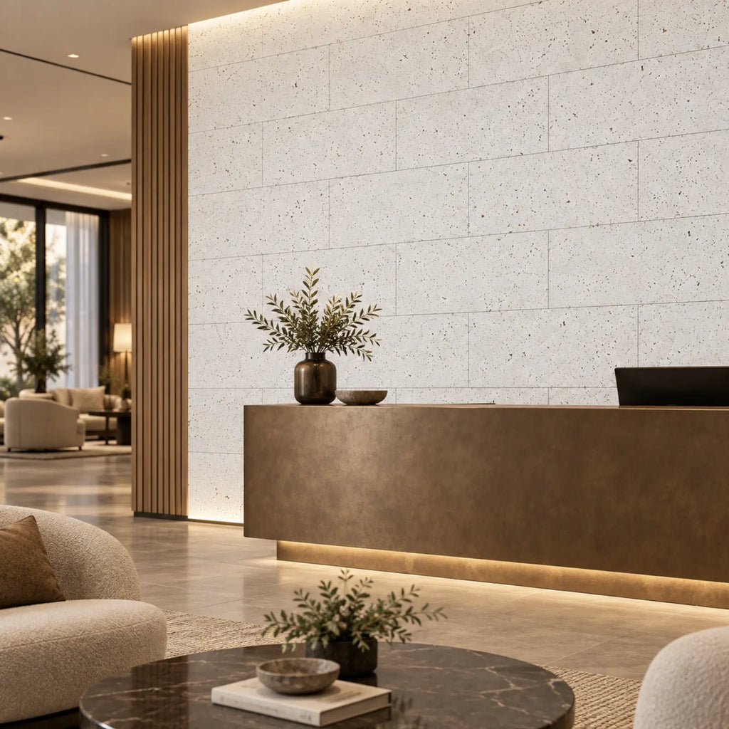 Acoustic White cork acoustic wall tile shown in a conceptual hospitality reception visualization