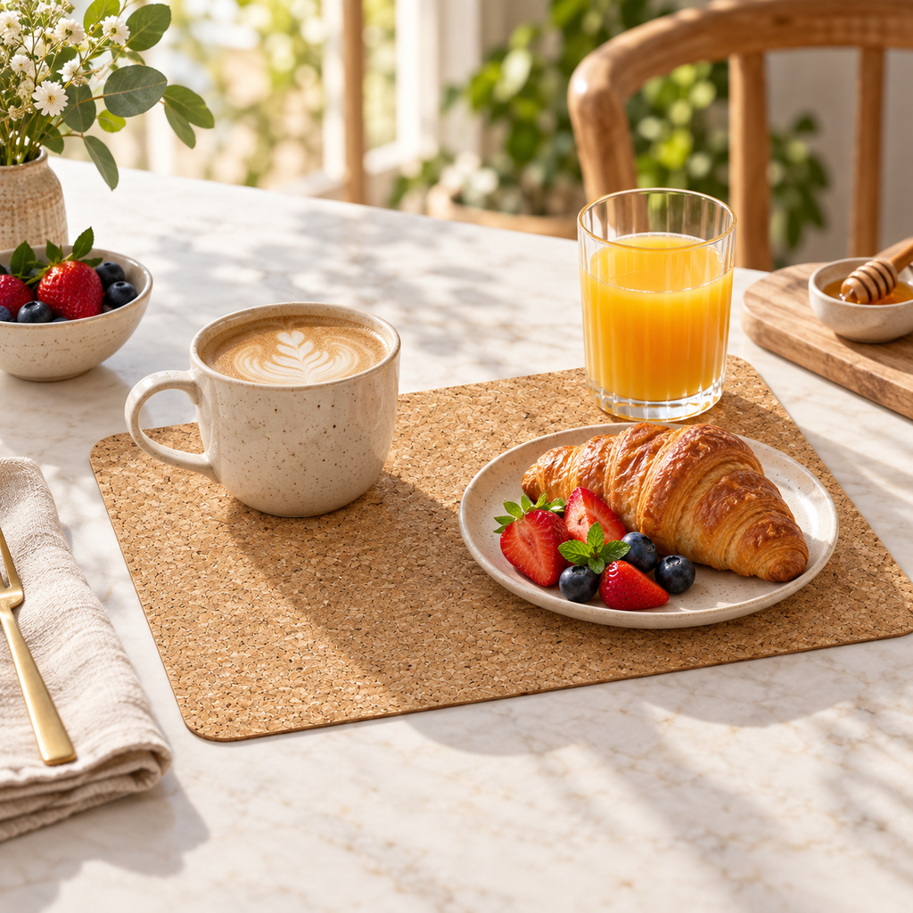 Agglo cork placemat in a bright breakfast table setting