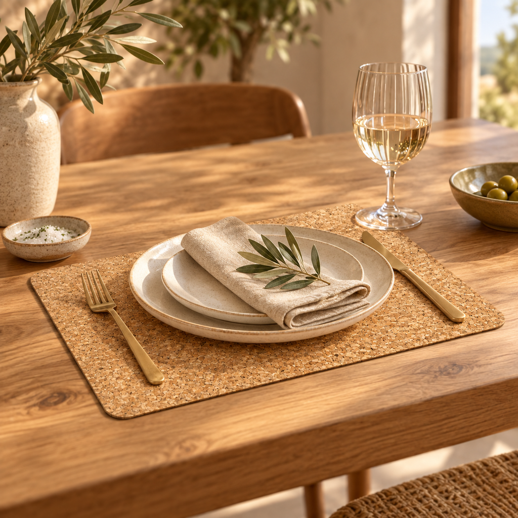 Agglo cork placemat in a refined Mediterranean dining table setting
