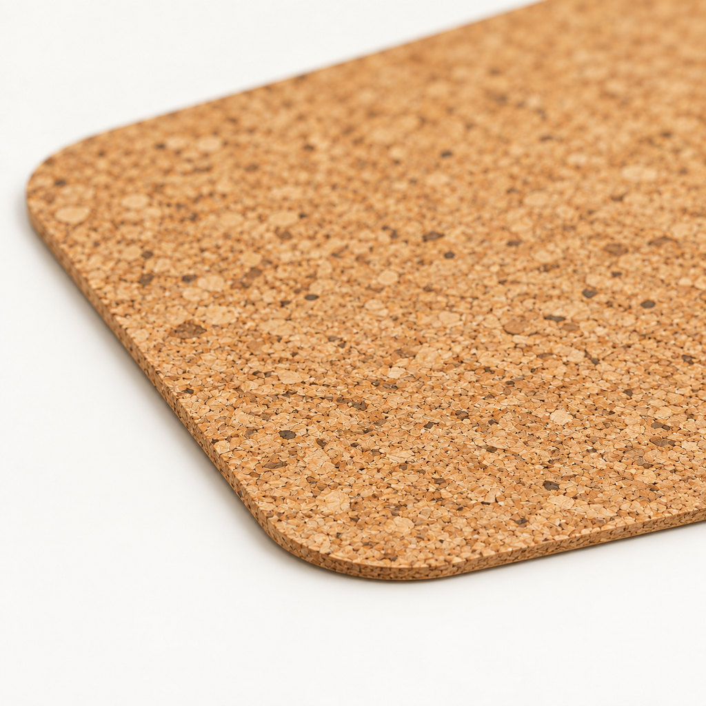 Macro close-up of Agglo cork placemat surface, rounded corner and 2 mm thin edge