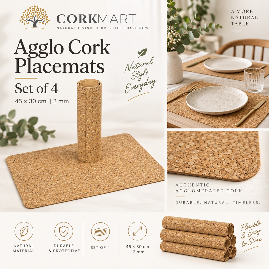Agglo cork placemats — set of 4, 450 × 300 × 2 mm, material, flexibility and lifestyle overview