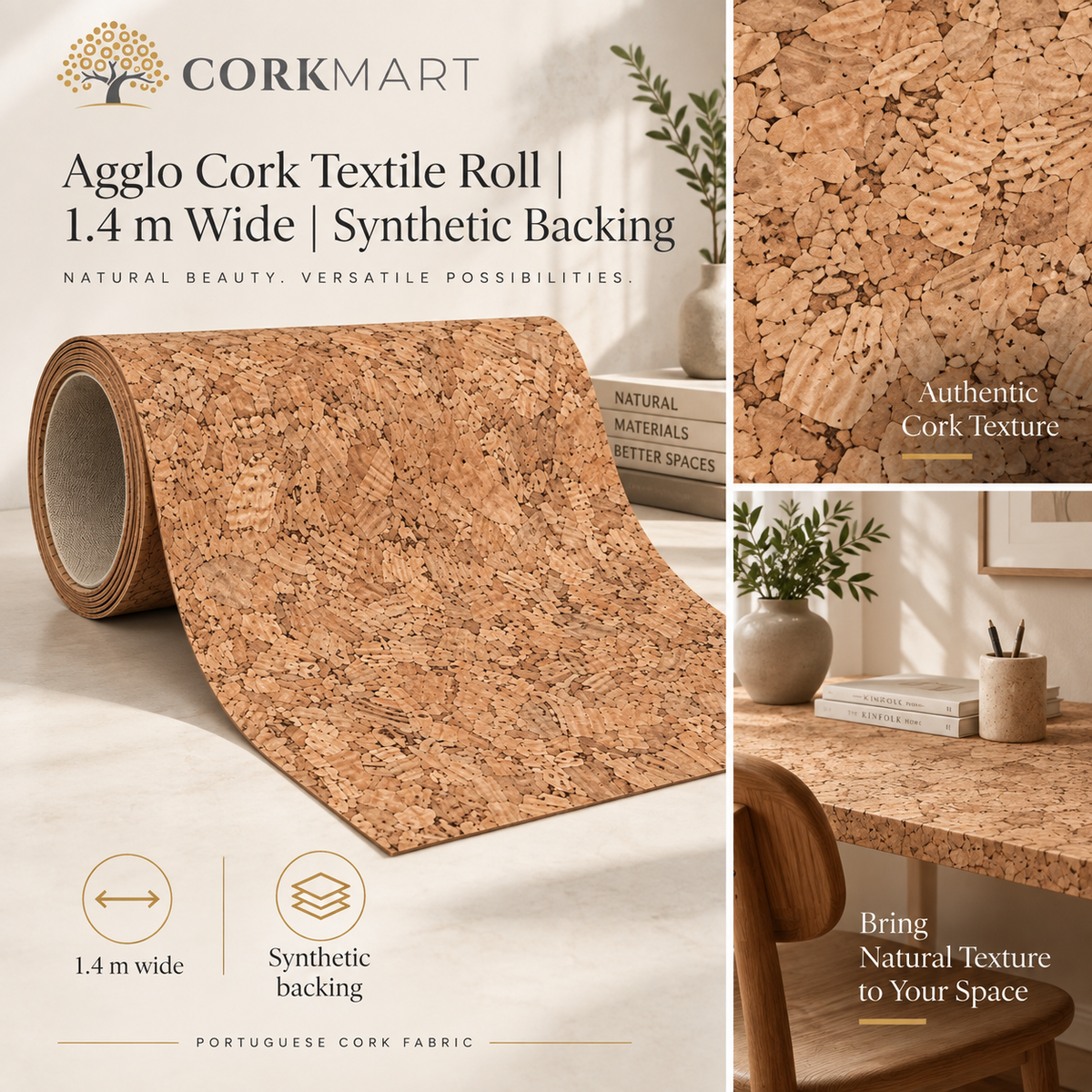 Agglo Cork Textile Roll editorial collage with CorkMart branding