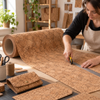 Agglo cork textile being measured and cut in a craft workshop