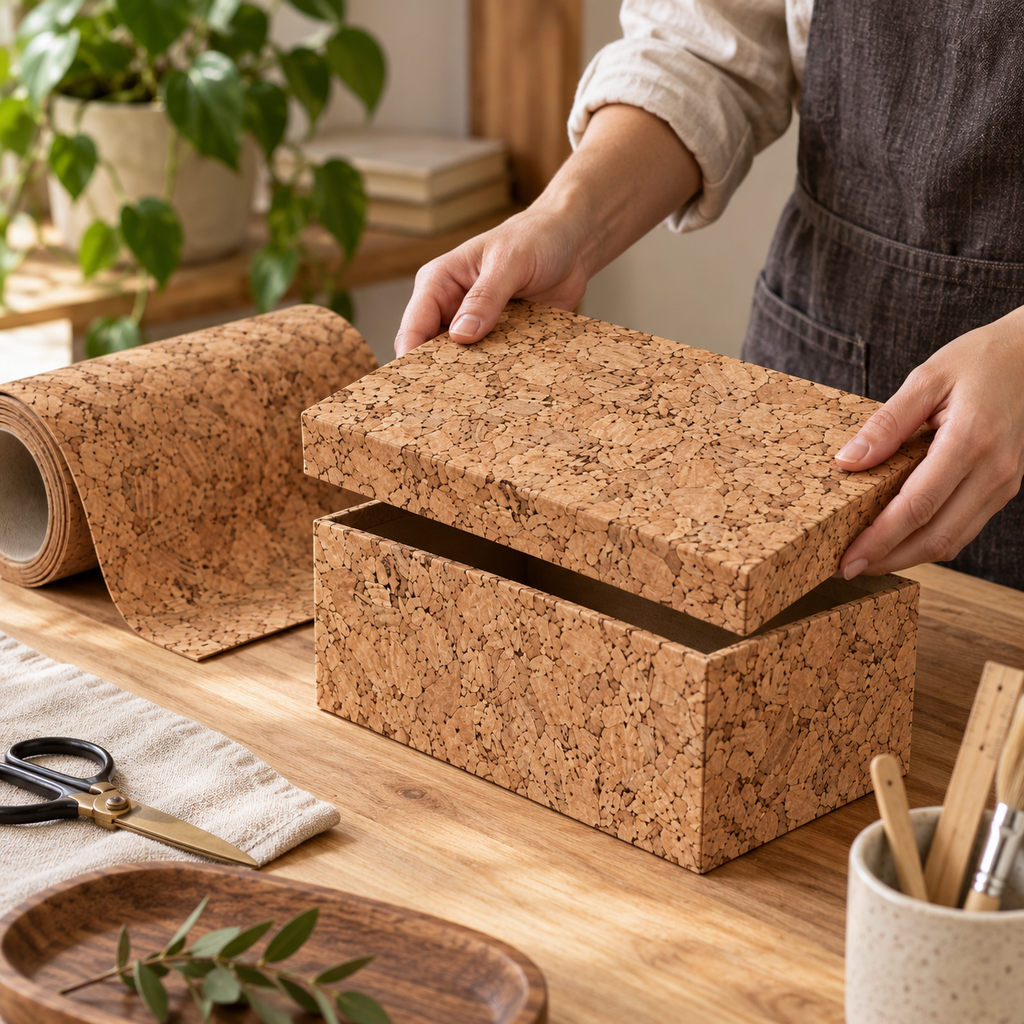 Agglo cork textile used for a handcrafted storage box project