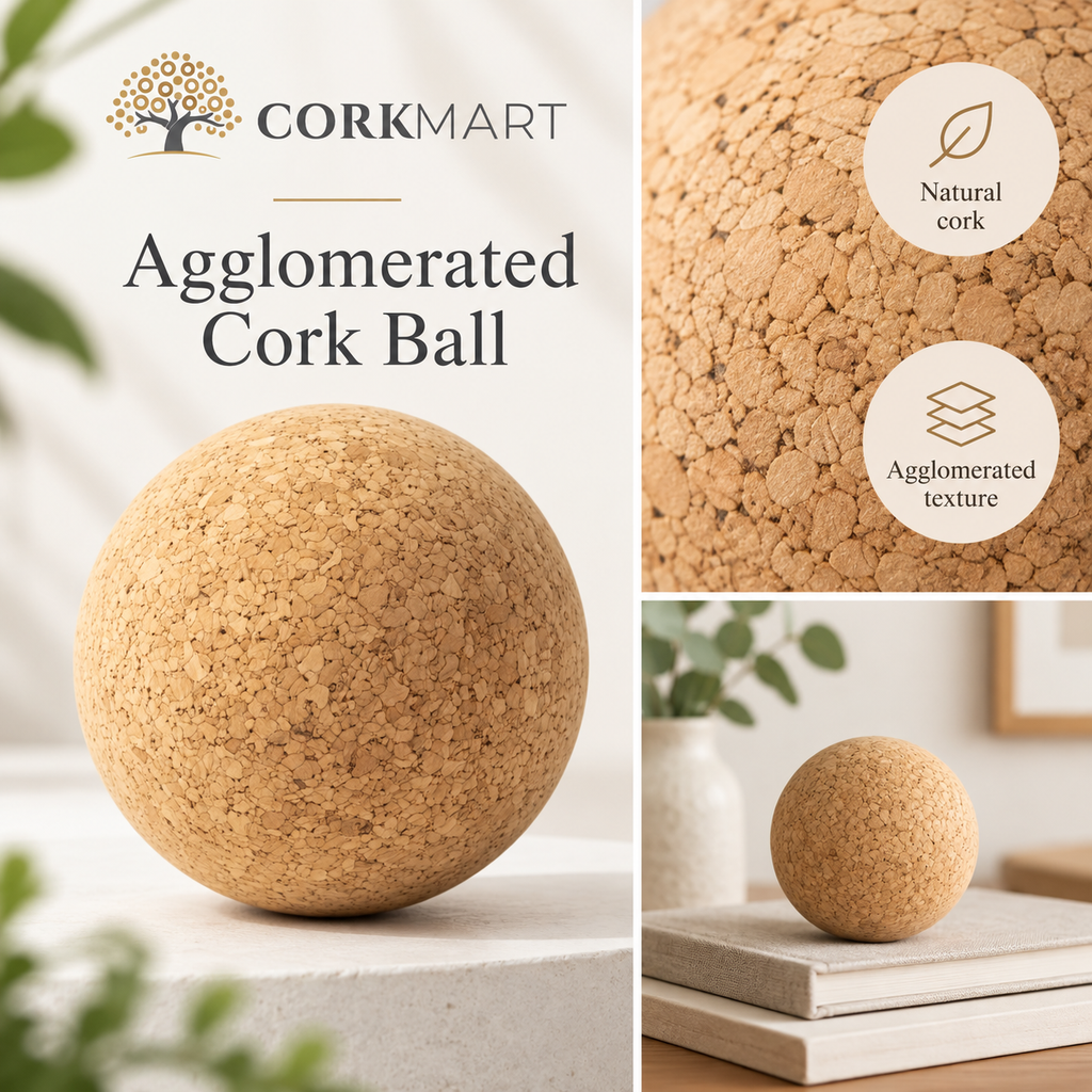 Agglomerated Cork Ball editorial collage with CorkMart branding