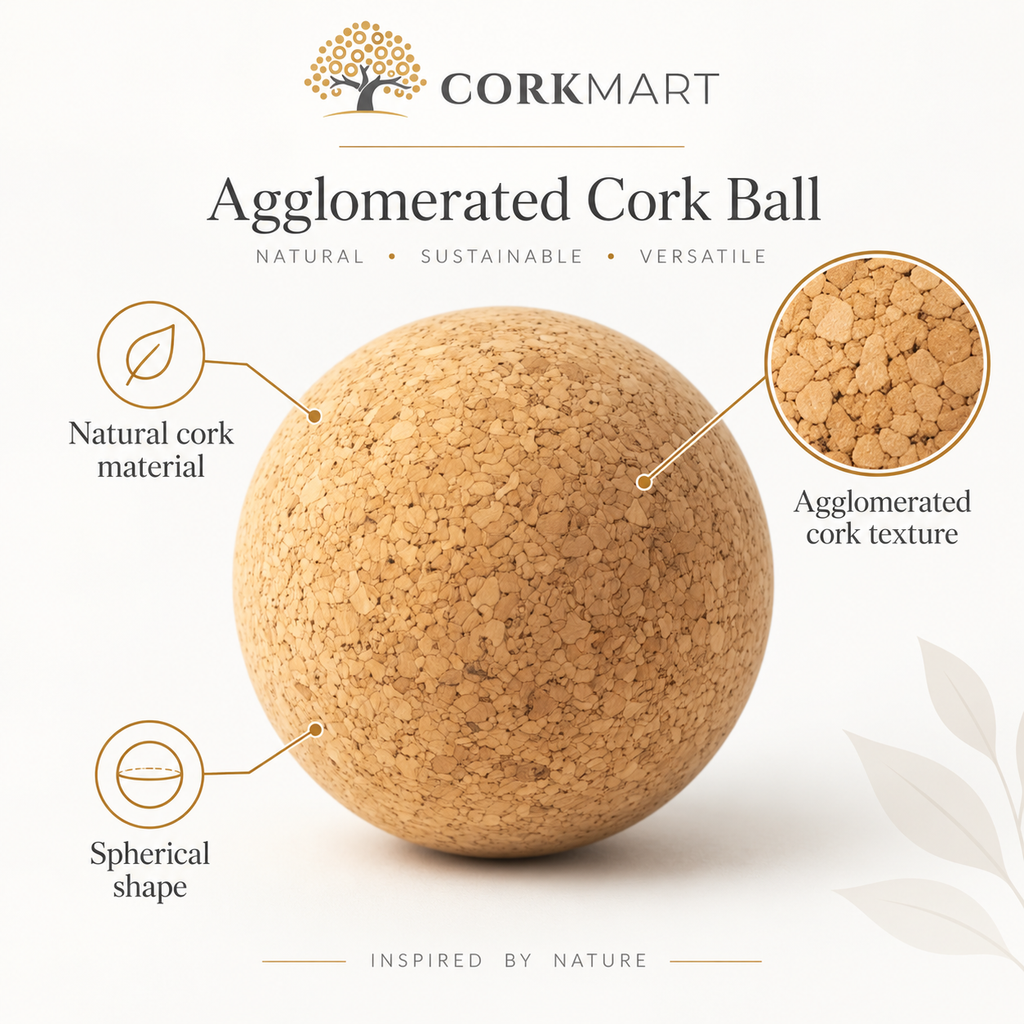 Agglomerated Cork Ball infographic with CorkMart branding
