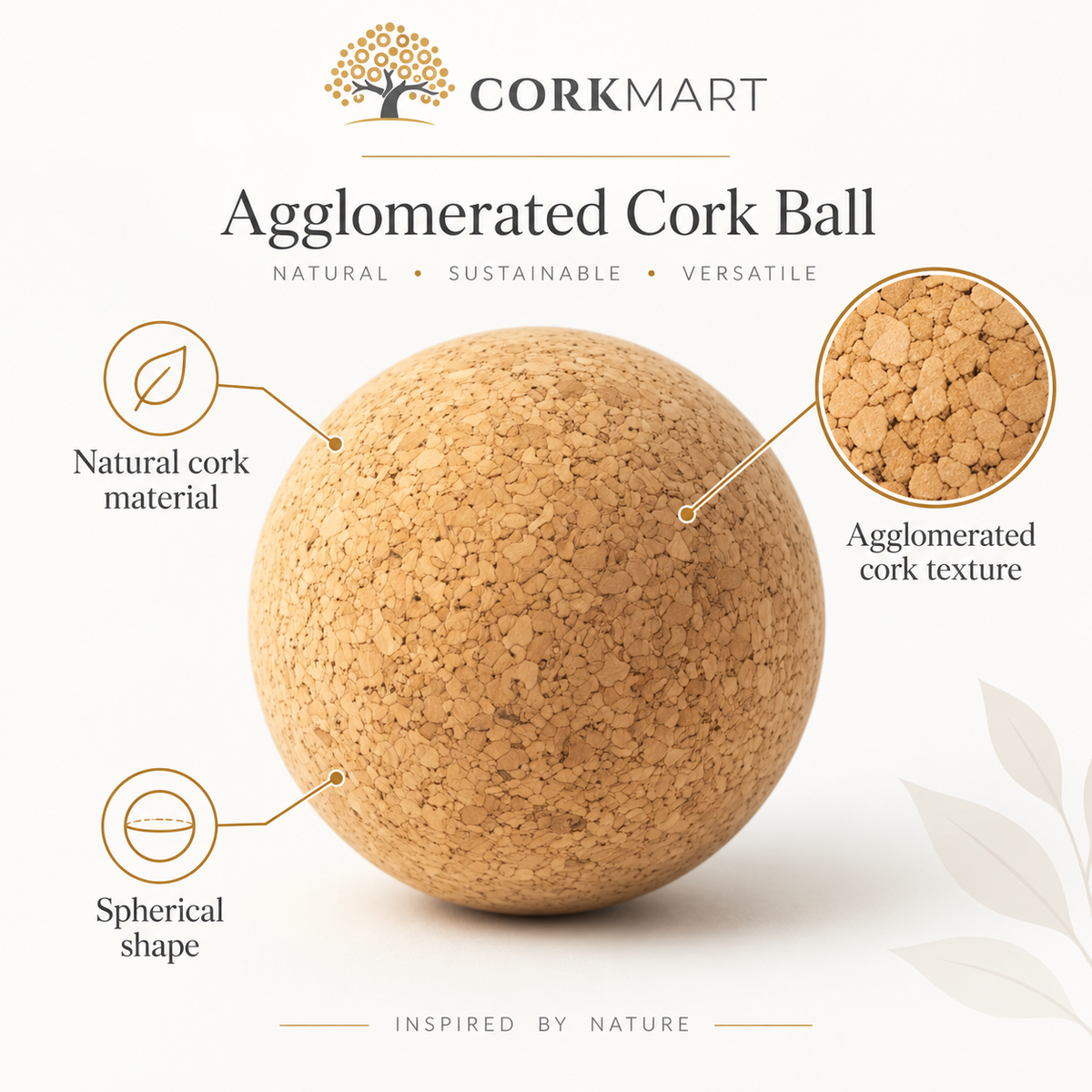 Agglomerated Cork Ball infographic with CorkMart branding