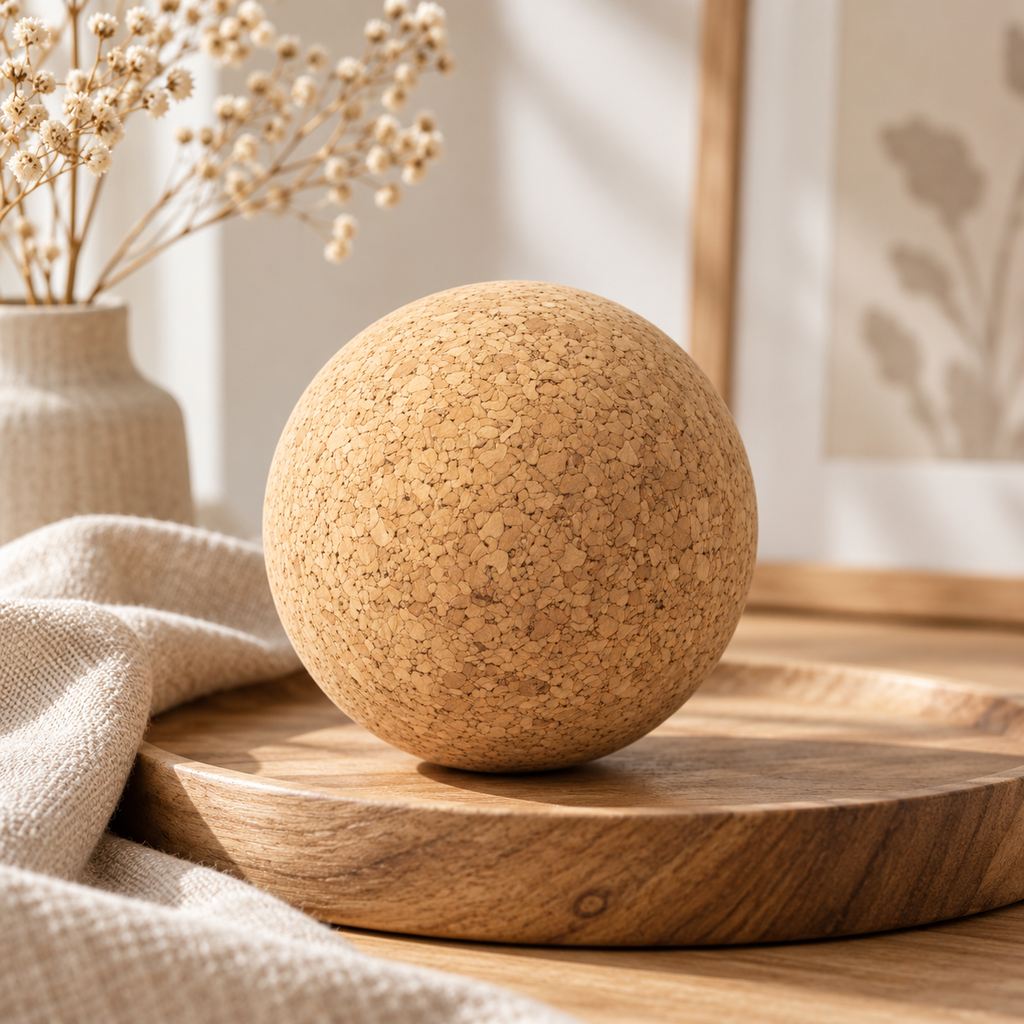 Agglomerated Cork Ball in a premium natural-material lifestyle setting