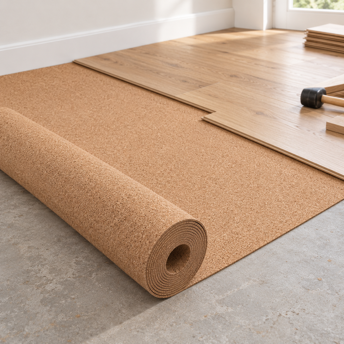 Agglomerated Cork Roll installed beneath wood flooring