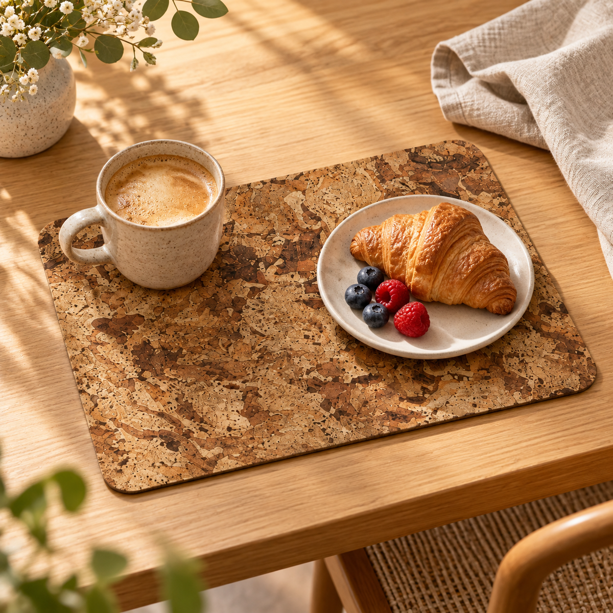 Angola cork placemat in a warm breakfast table setting