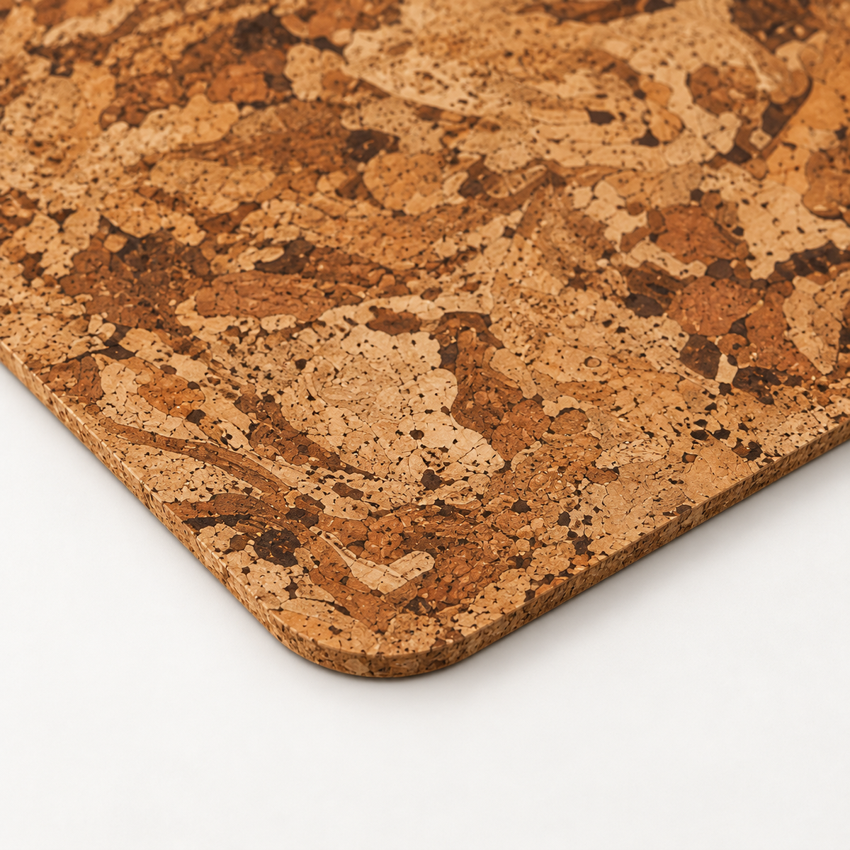 Macro close-up of Angola cork placemat surface, rounded corner and thin edge