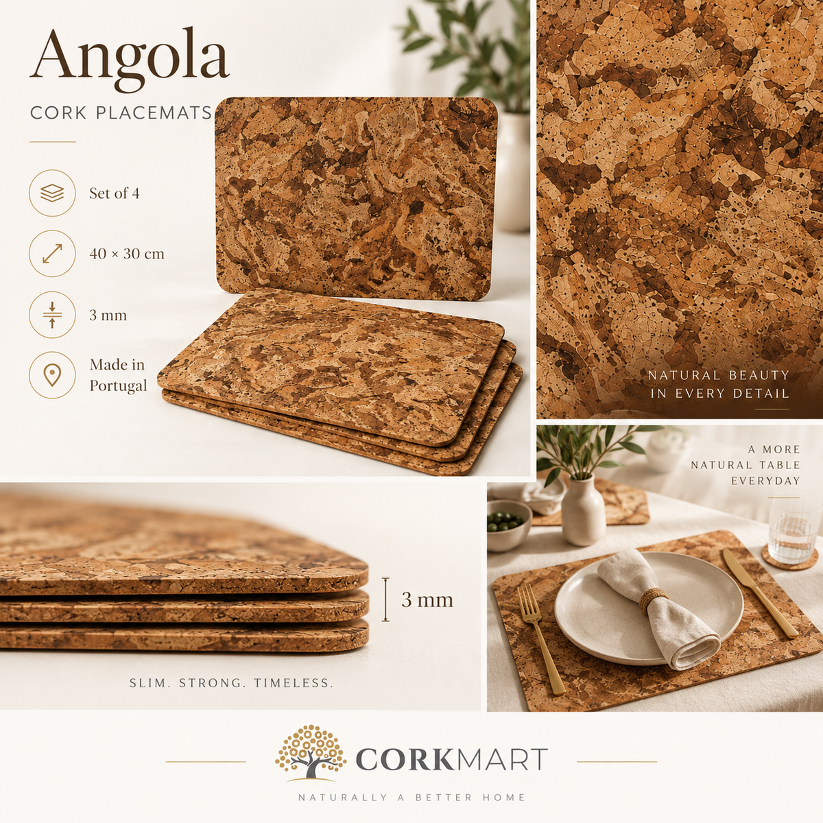 Angola cork placemats — set of 4, dimensions, material and lifestyle overview
