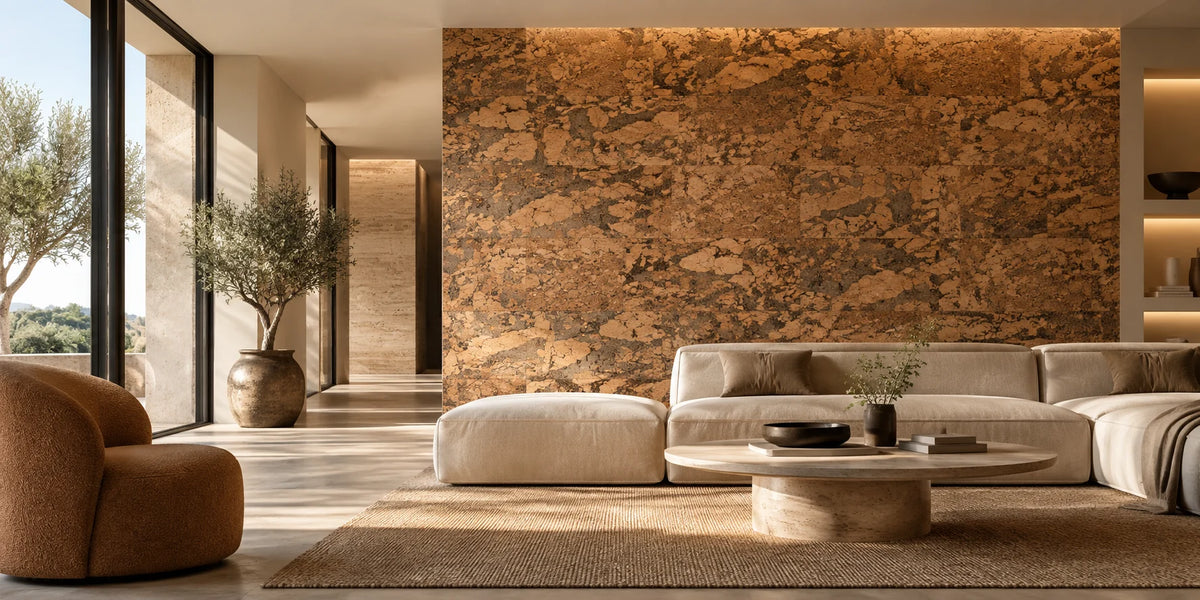 Angola Mix cork wall tiles in an architectural interior visualization