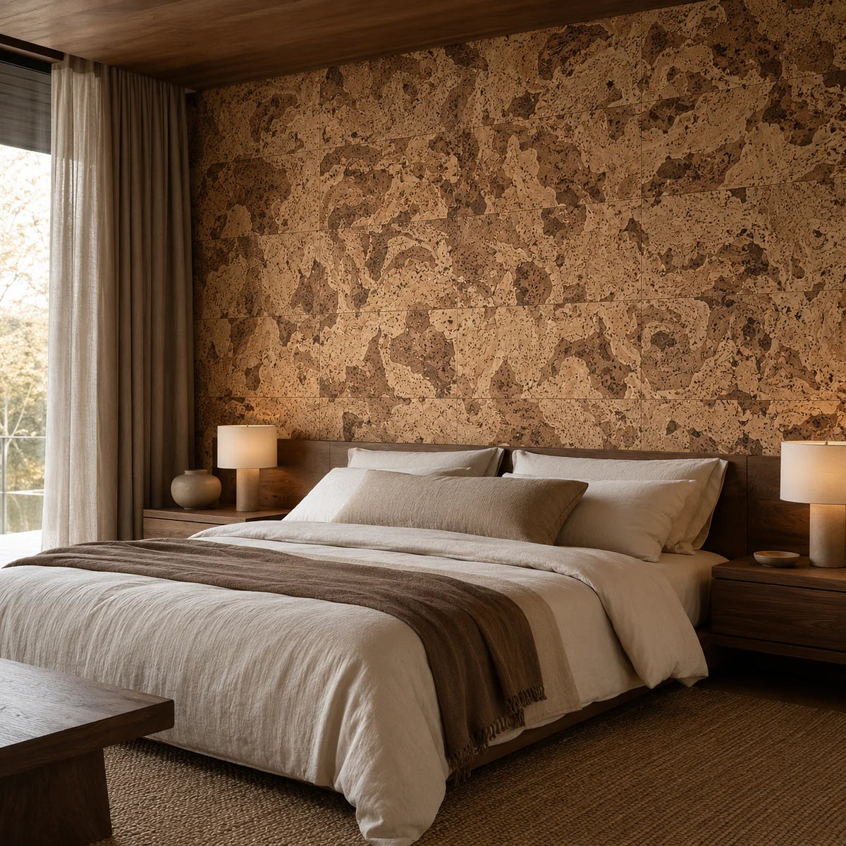 Angola Mix cork wall tiles shown in a residential bedroom installation visualization