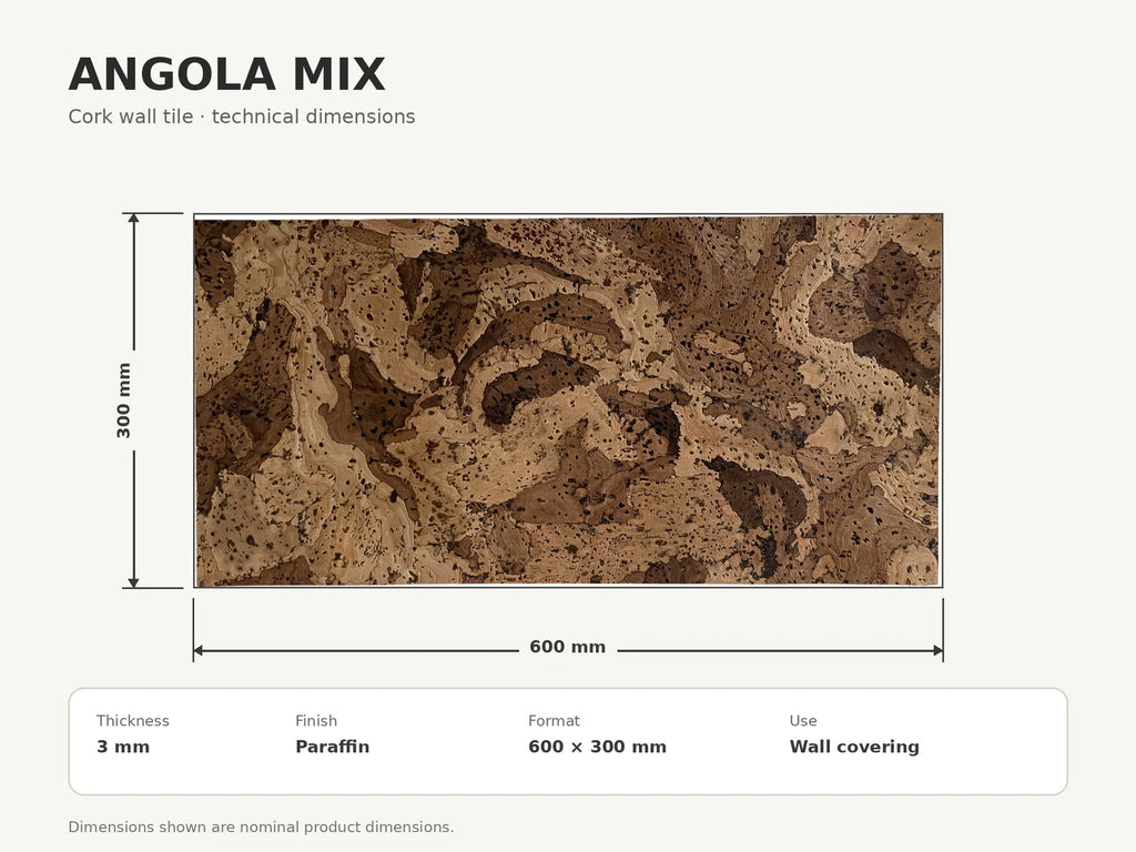 Angola Mix cork wall tile dimensions for the 600 × 300 × 3 mm format; 300 × 300 mm format also available
