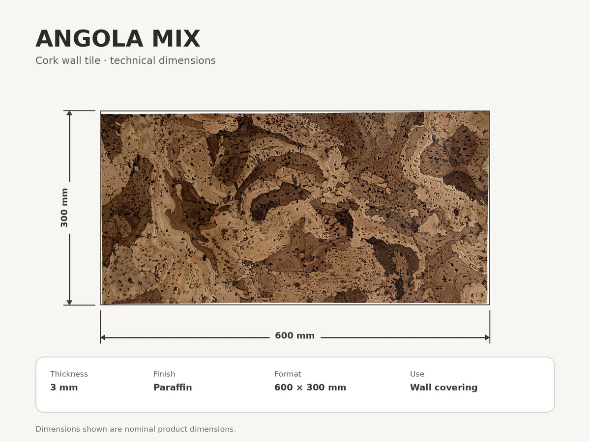 Angola Mix cork wall tile dimensions for the 600 × 300 × 3 mm format; 300 × 300 mm format also available