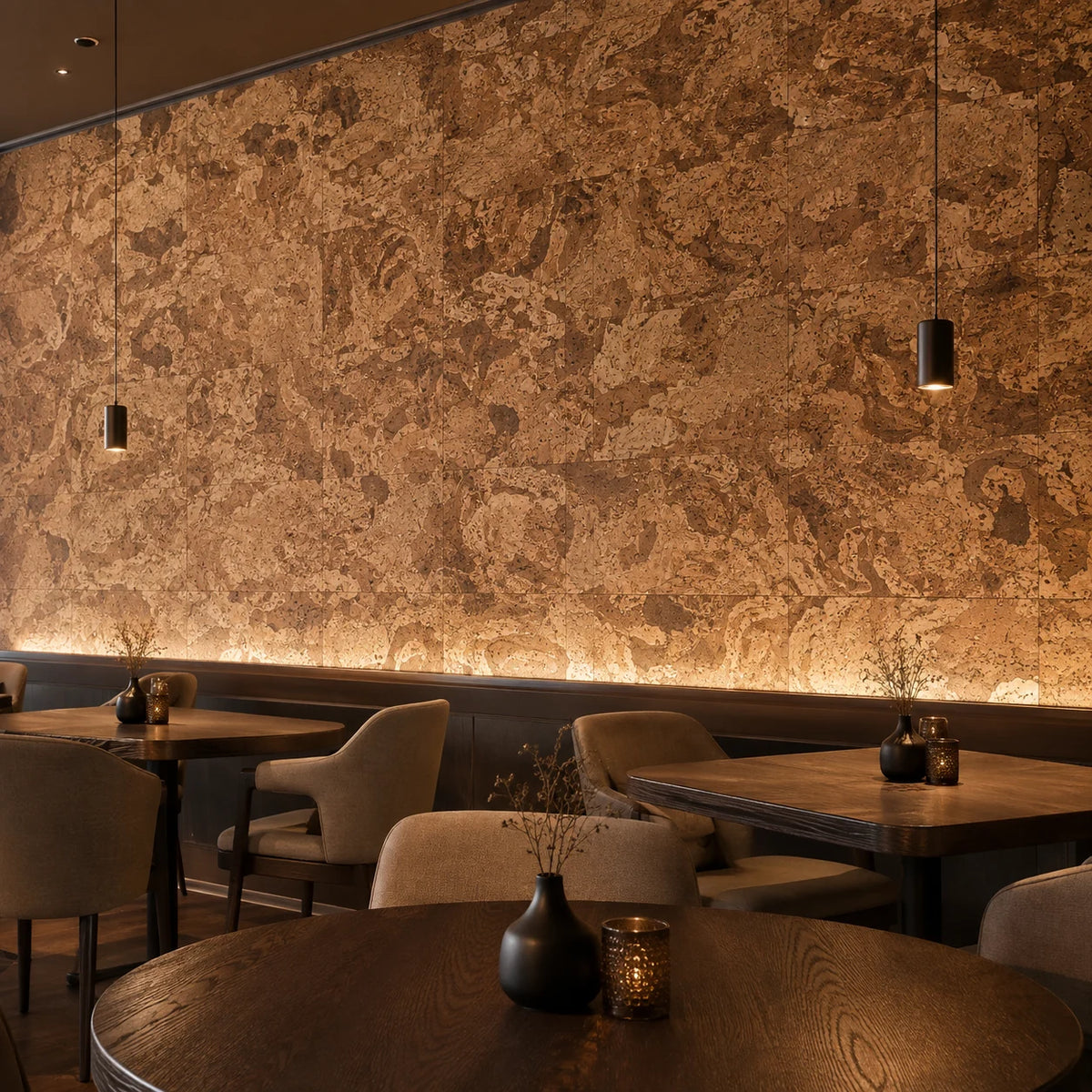 Angola Mix cork wall tiles shown in a hospitality restaurant installation visualization