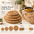 CorkMart Angola Round Cork Trivet infographic - 20 mm, four sizes, SKUs 1201-AN-20 to 1204-AN-20