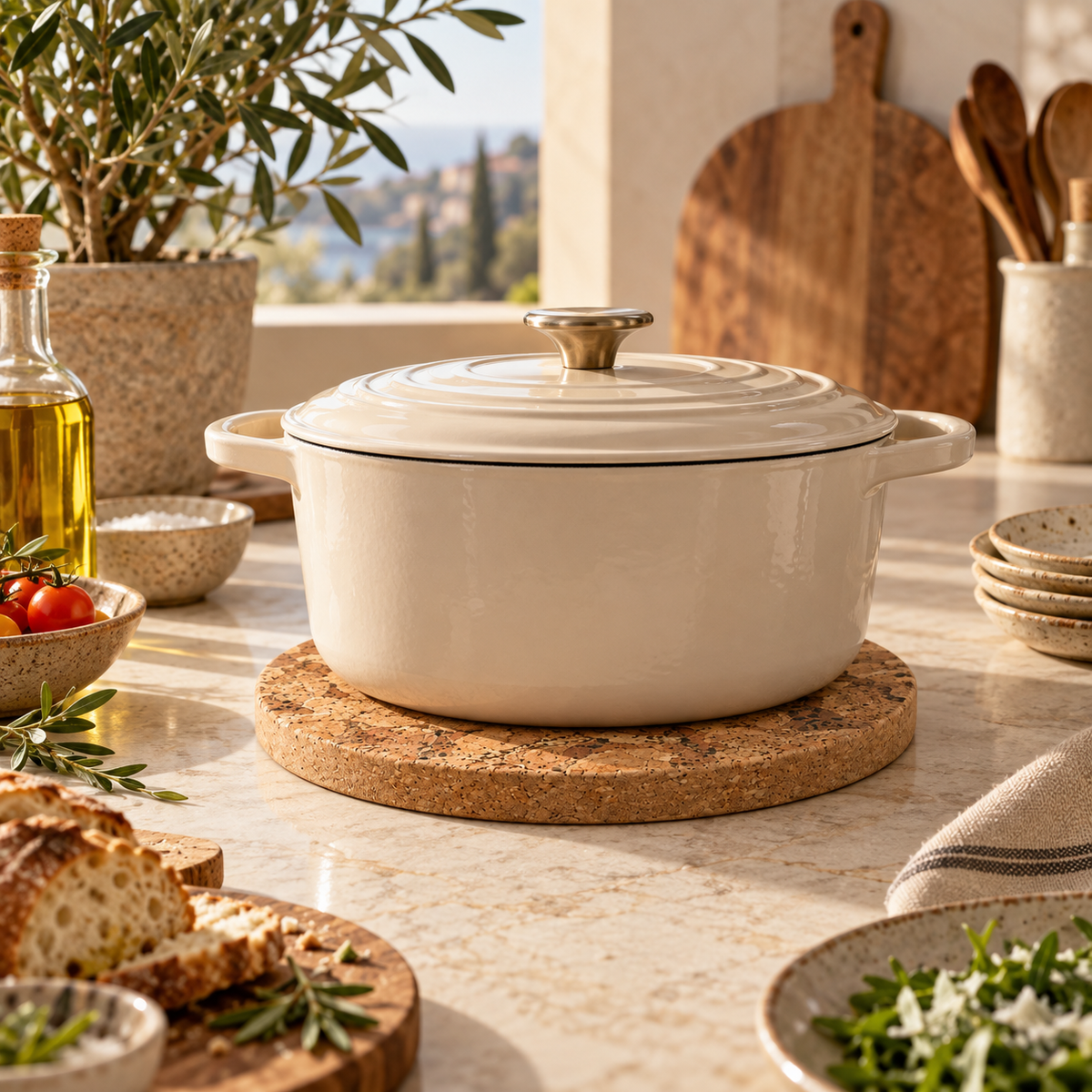 Angola Round Cork Trivet supporting hot cookware in a premium Mediterranean kitchen