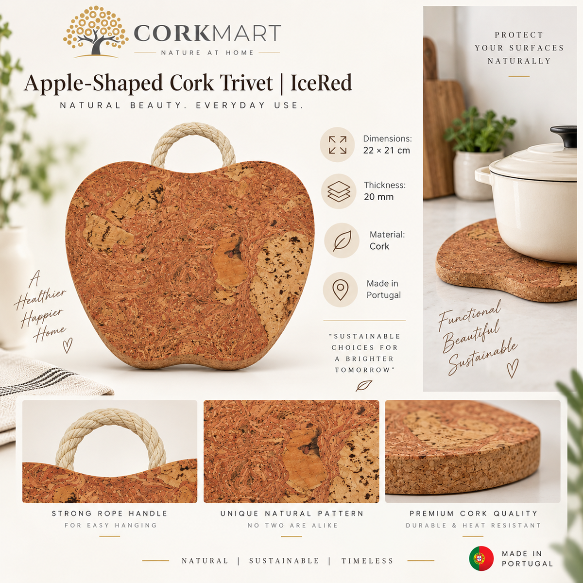 Apple-Shaped Cork Trivet IceRed product collage with official CorkMart logo, dimensions and 20 mm thickness