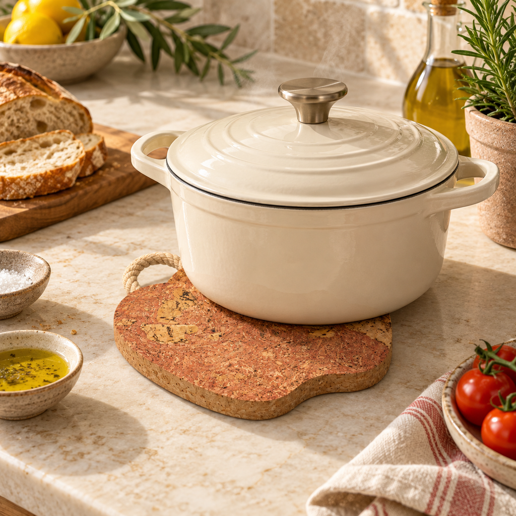 Apple-Shaped Cork Trivet IceRed supporting hot cookware in a warm kitchen