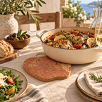 Apple-Shaped Cork Trivet IceRed in a Mediterranean table setting