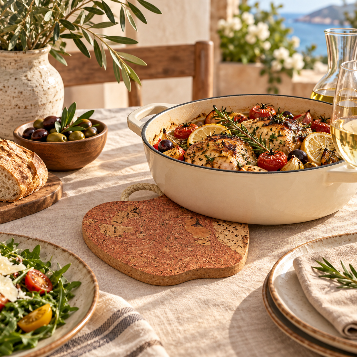 Apple-Shaped Cork Trivet IceRed in a Mediterranean table setting