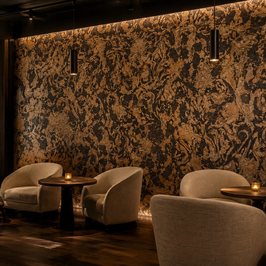 Aquarios cork wall tile shown in a conceptual hospitality lounge visualization