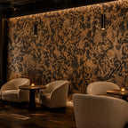 Aquarios cork wall tile shown in a conceptual hospitality lounge visualization