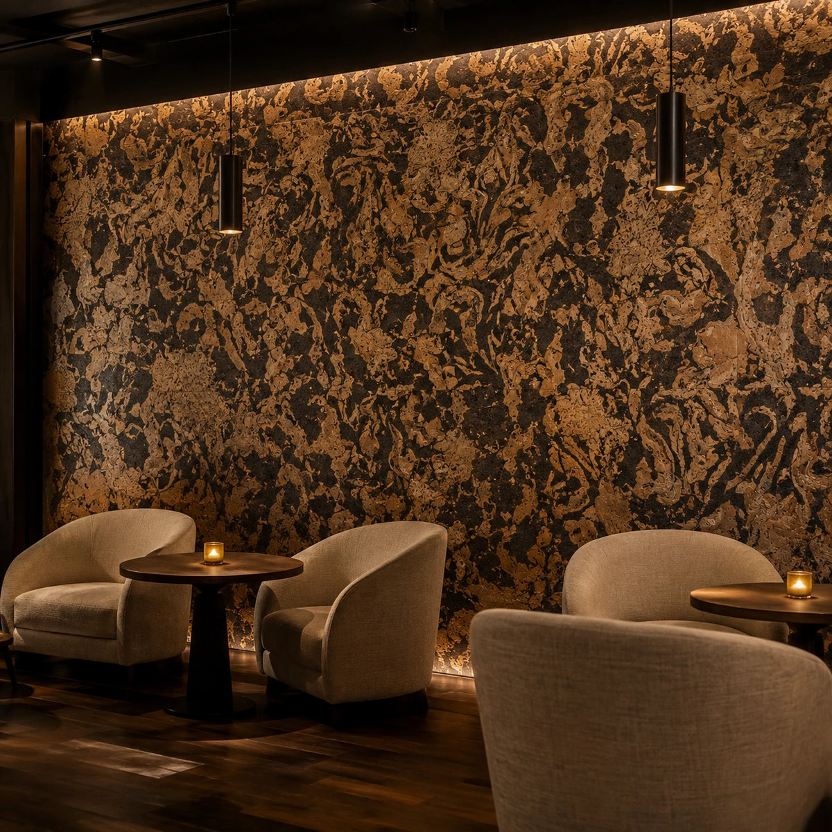Aquarios cork wall tile shown in a conceptual hospitality lounge visualization