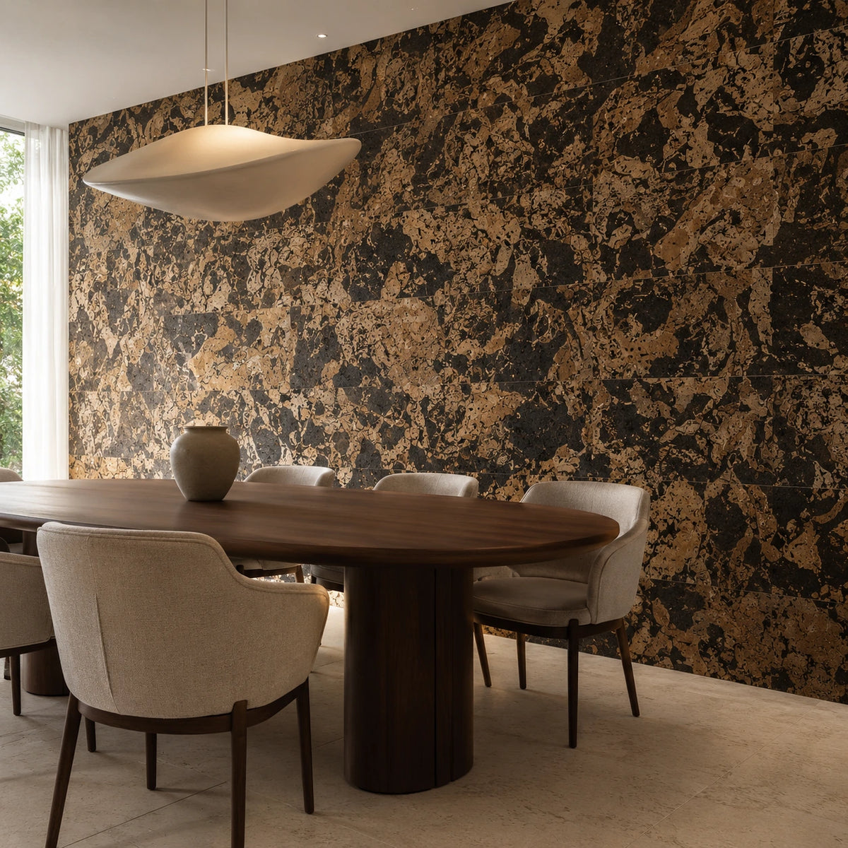 Aquarios cork wall tile shown in a conceptual residential dining interior visualization