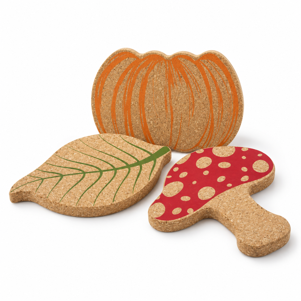 Autumn Cork Trivet variants Leaf, Pumpkin and Mushroom alternate studio angle