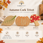 Autumn Cork Trivet product collage with official CorkMart logo, variant dimensions and 20 mm thickness