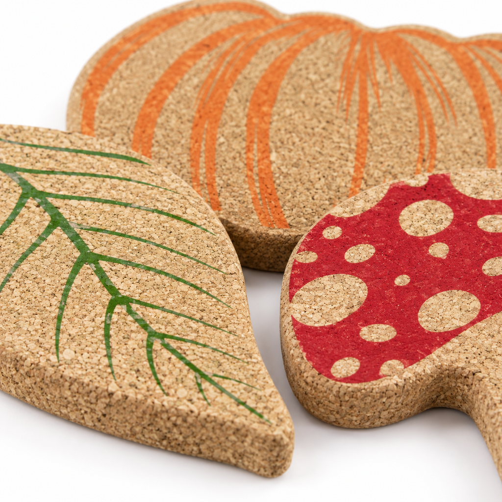 Close-up of Autumn Cork Trivet cork texture and painted Leaf, Pumpkin and Mushroom details