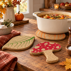 Autumn Cork Trivet in a warm autumn kitchen setting with cookware