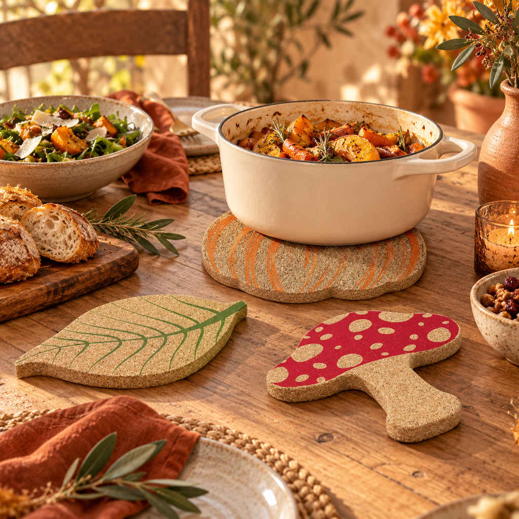 Autumn Cork Trivet Leaf, Pumpkin and Mushroom in a warm autumn table setting