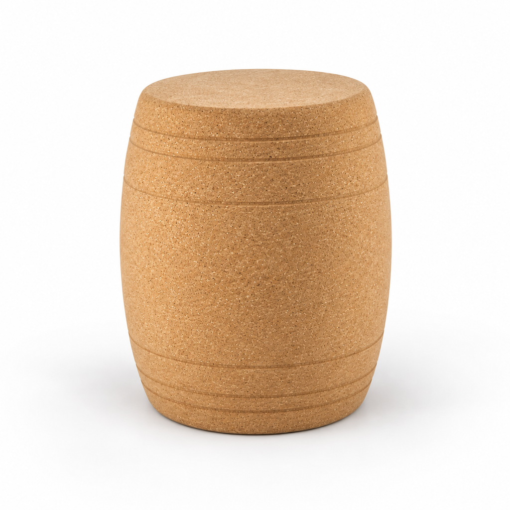 Barrel Cork Stool, angled studio view showing rounded barrel silhouette and natural cork texture