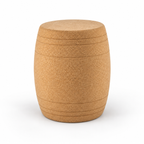 Barrel Cork Stool, angled studio view showing rounded barrel silhouette and natural cork texture