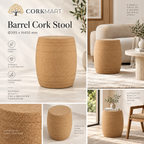 Barrel Cork Stool editorial collage with official CorkMart logo, real use, natural cork texture and dimensions