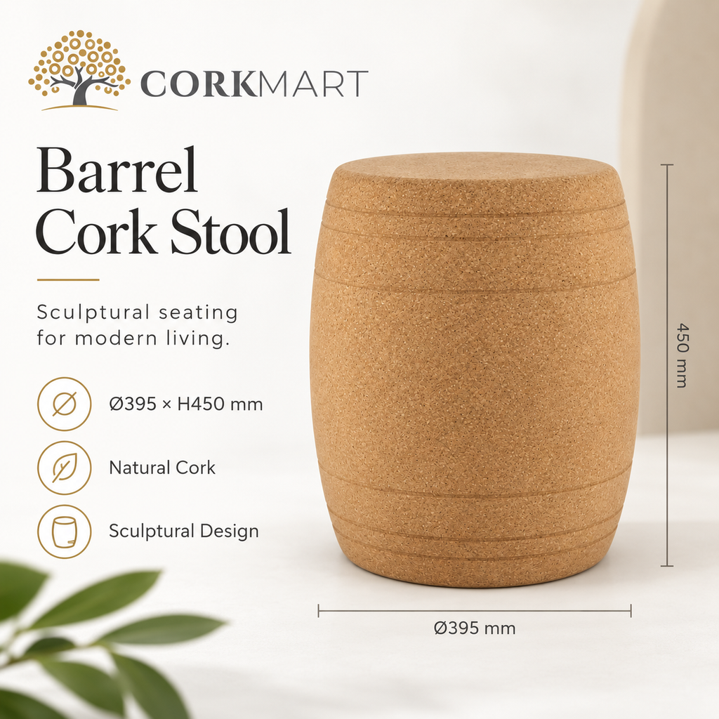 Barrel Cork Stool infographic with official CorkMart logo, Ø395 × H450 mm dimensions and natural cork