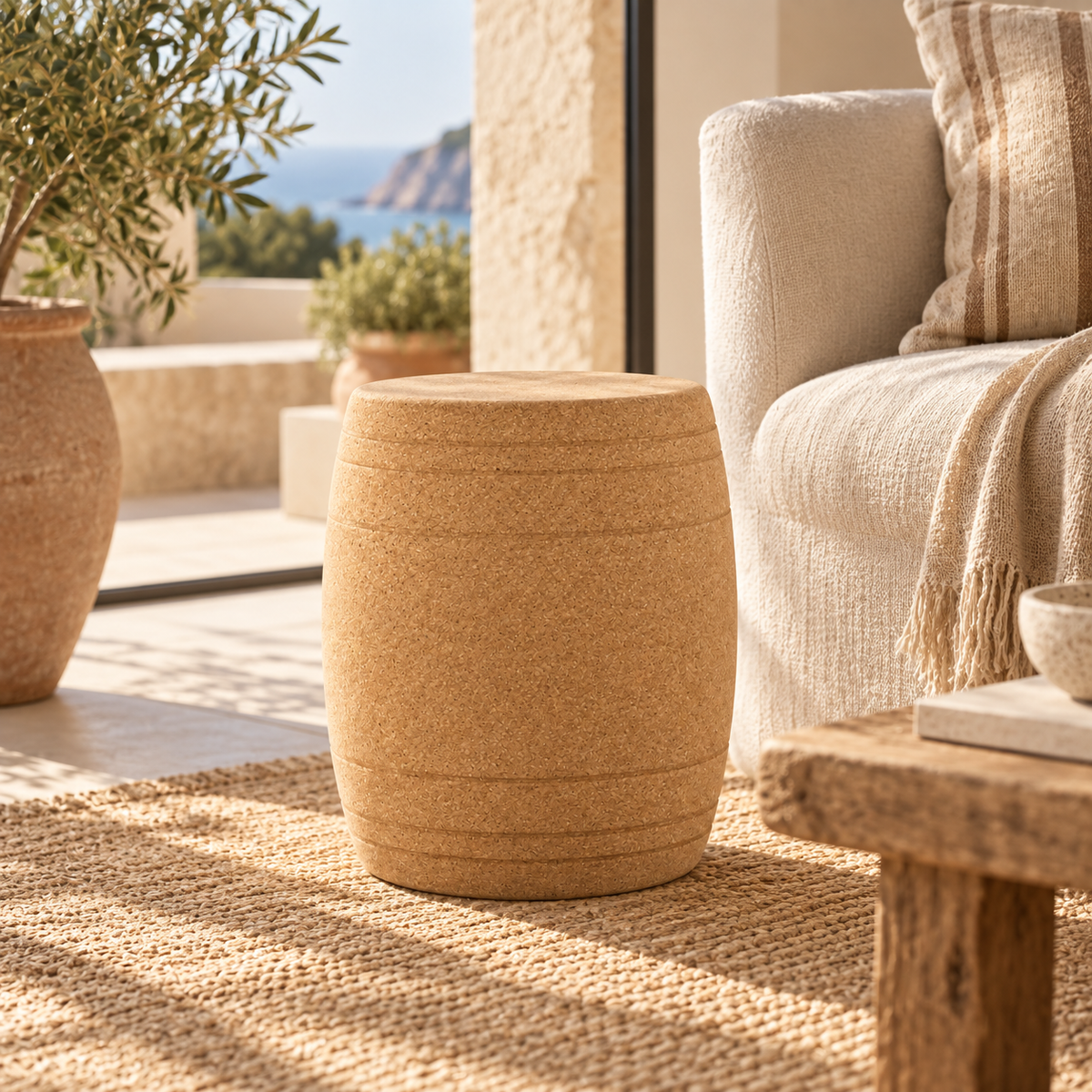 Barrel Cork Stool in a warm Mediterranean-inspired interior