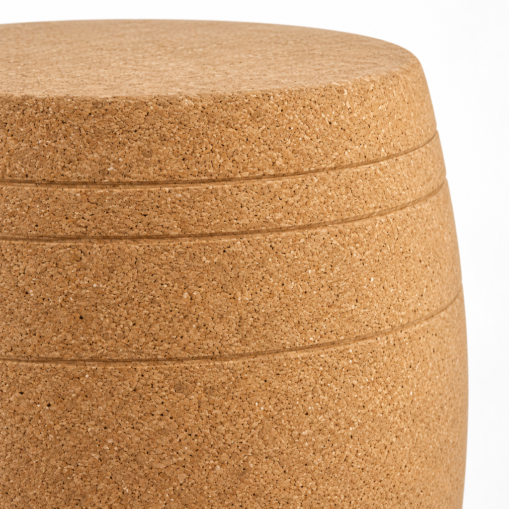 Macro detail of natural cork texture and barrel-inspired grooves on Barrel Cork Stool